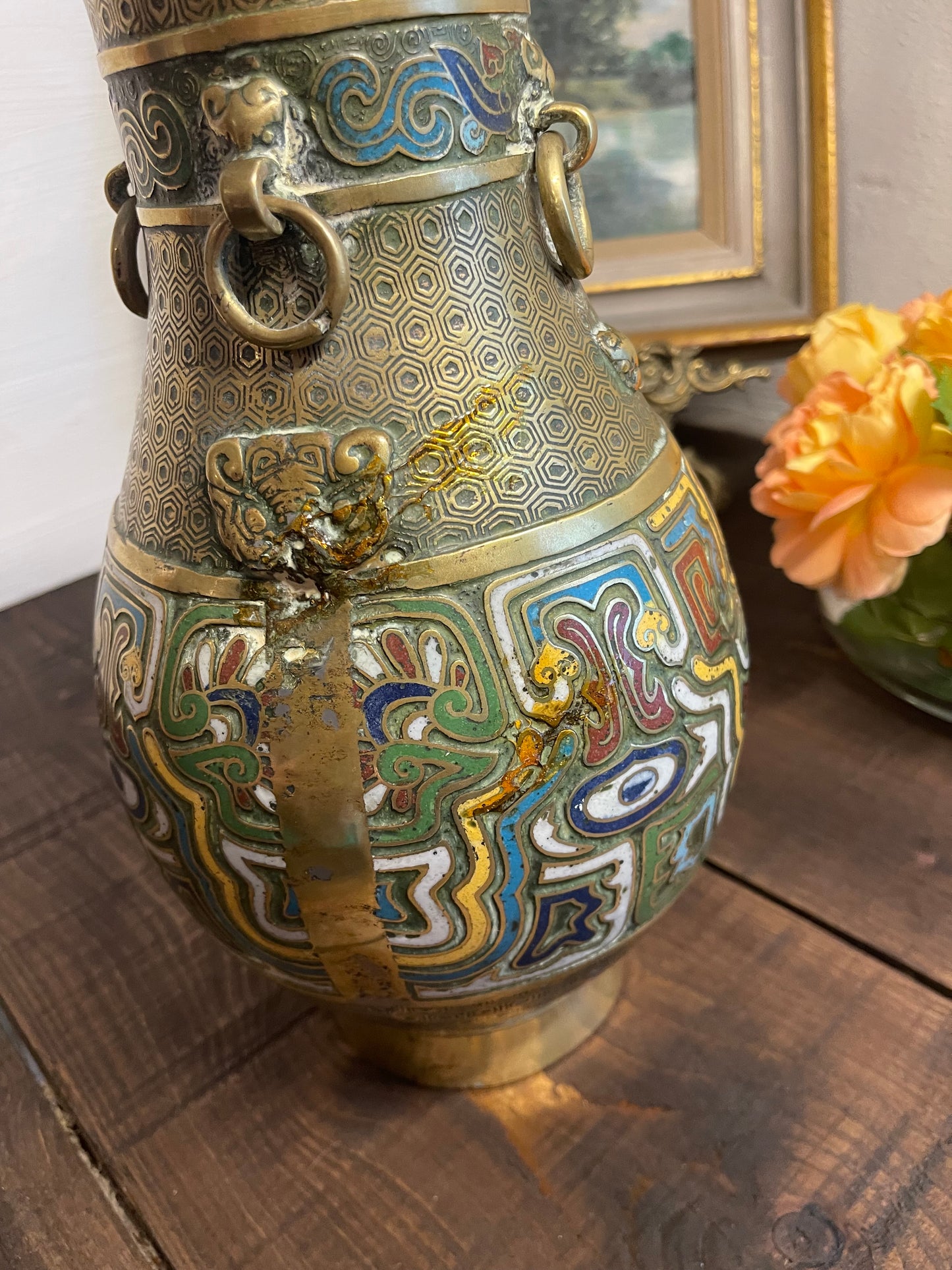 Large Chinese Champlevé Enamel Vase with Lion Mask Ring Handles