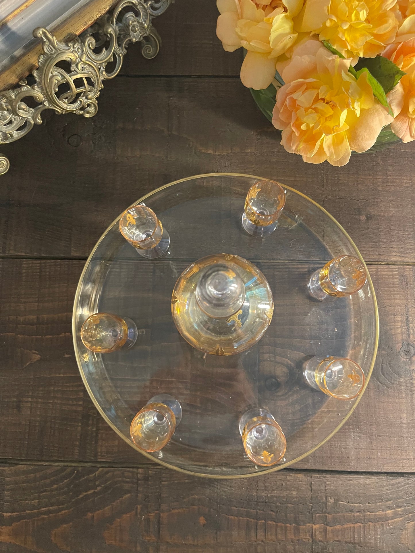 Vintage Gilt Fleur-de-Lis Glass Liqueur Set with Decanter, Seven Glasses & Tray