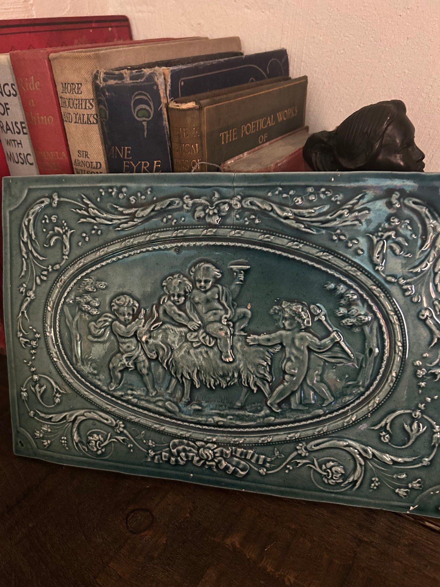 Late Victorian Green Glazed Relief Faience Plaque with Cherubs