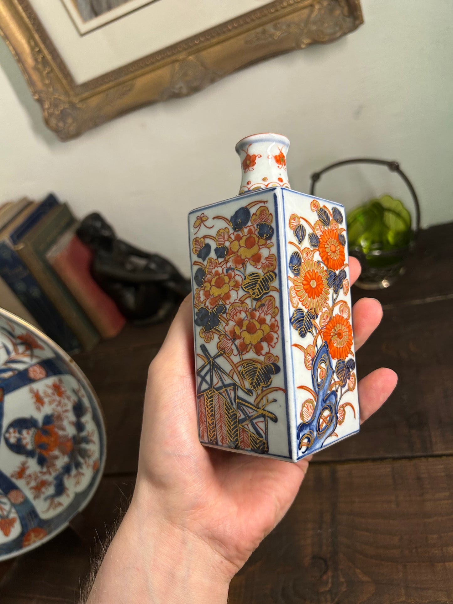 Antique Japanese Imari Porcelain Square Bottle Vase