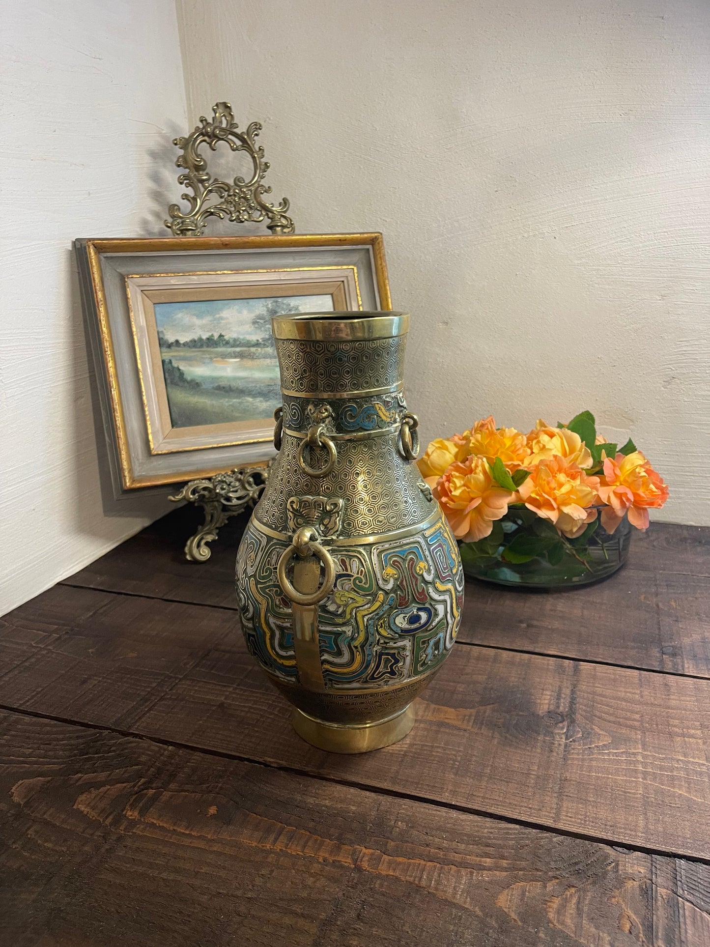 Large Chinese Champlevé Enamel Vase with Lion Mask Ring Handles