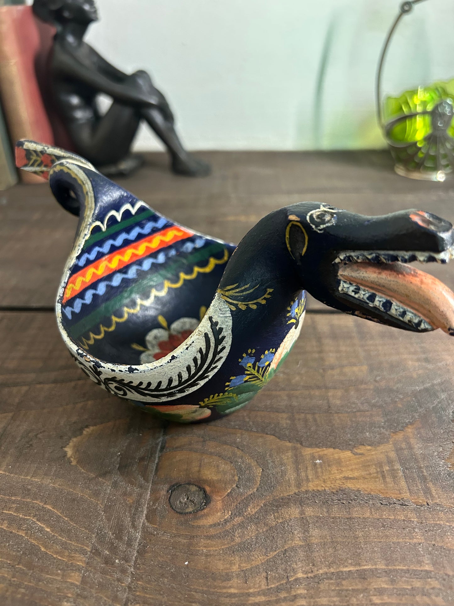 Scandinavian Folk Art Carved & Painted Wooden Dragon Drinking Cup Ale Bowl