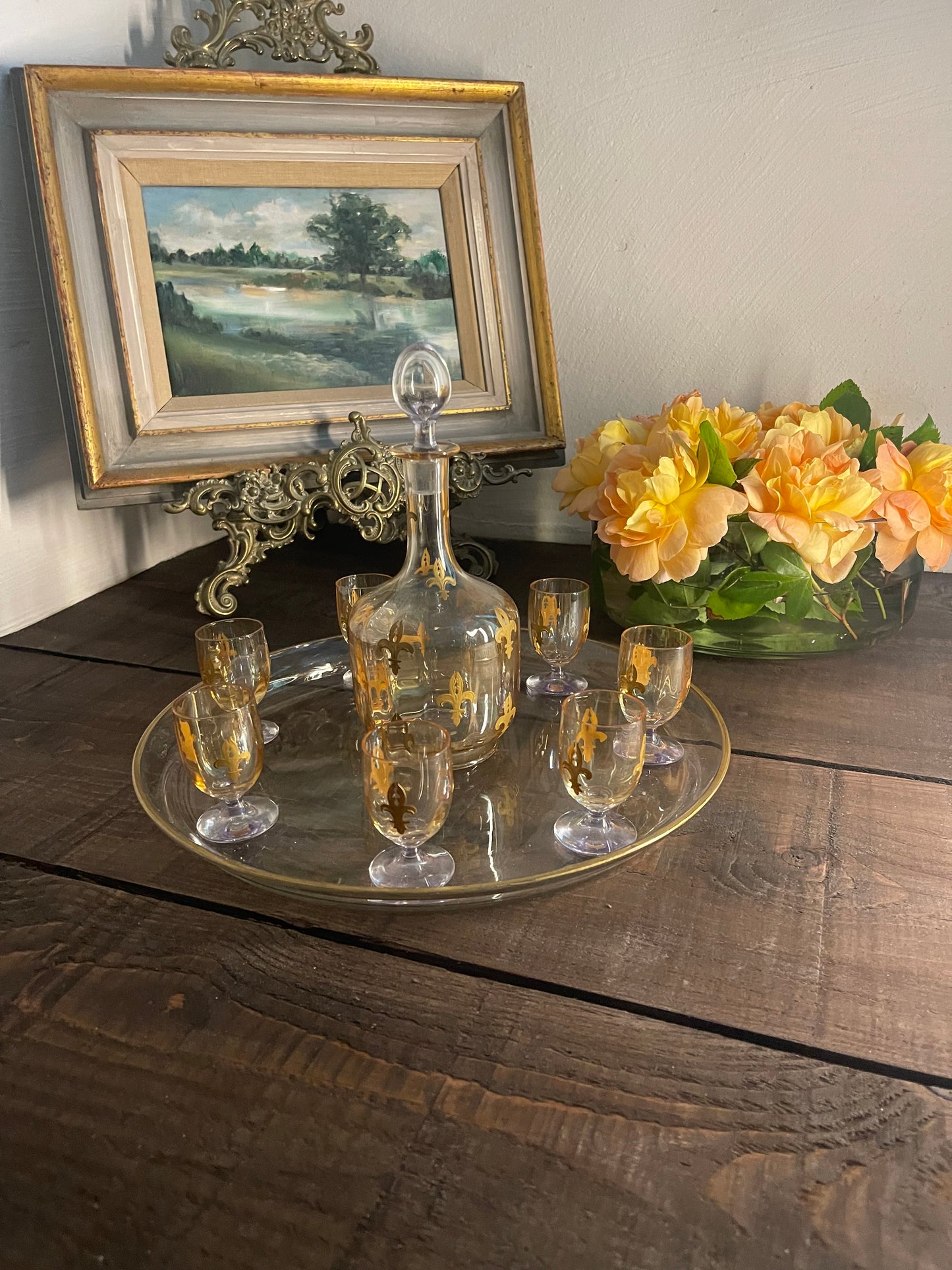 Vintage Gilt Fleur-de-Lis Glass Liqueur Set with Decanter, Seven Glasses & Tray