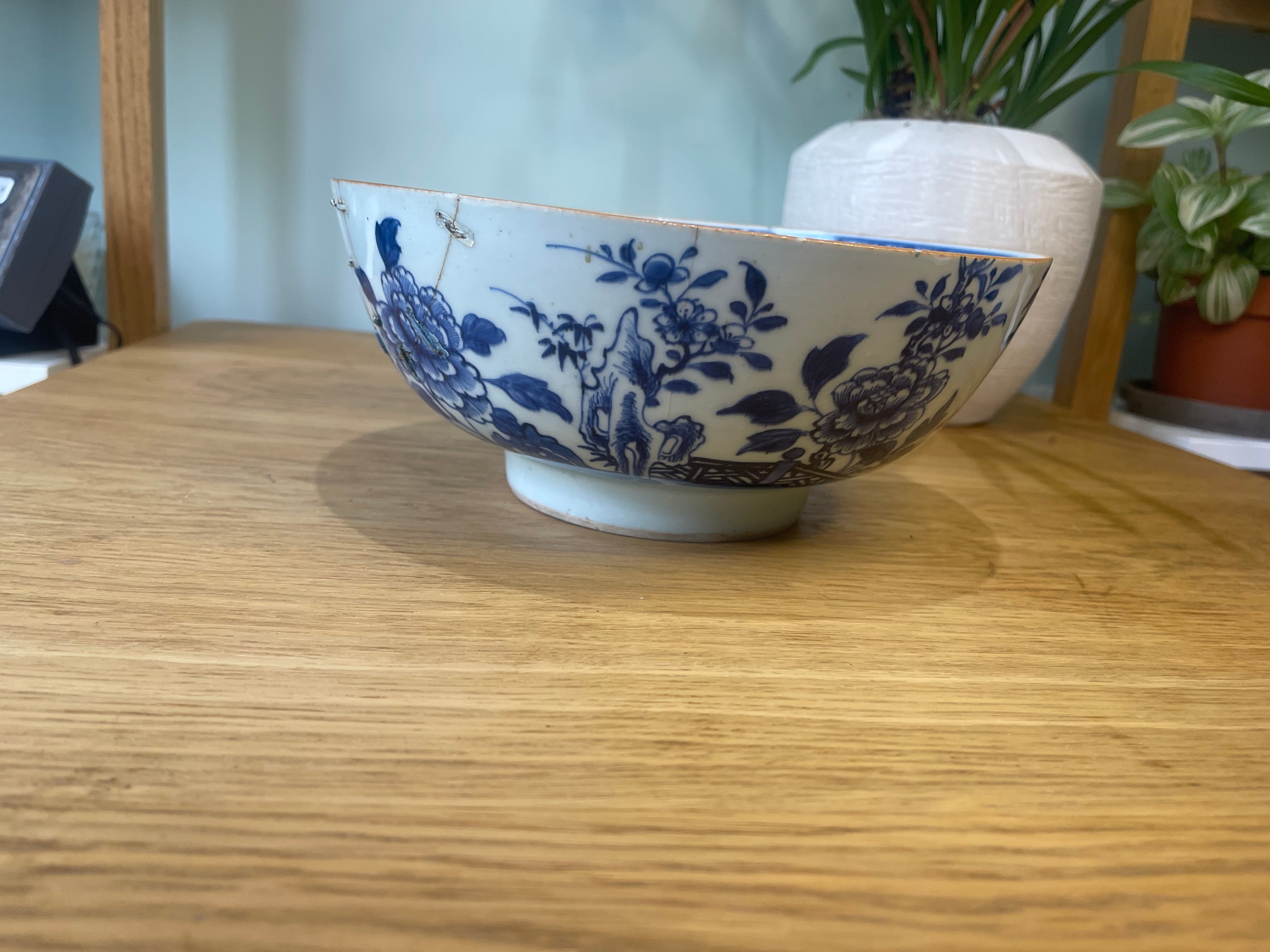 18th century staple repair Chinese porcelain punch bowl