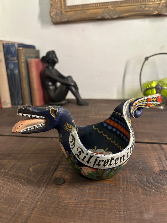 Scandinavian Folk Art Carved & Painted Wooden Dragon Drinking Cup Ale Bowl