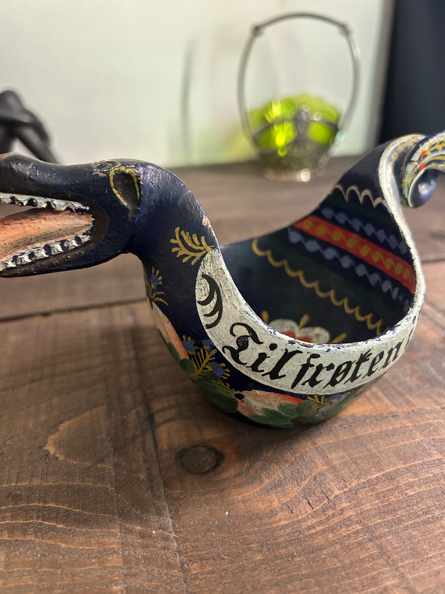 Scandinavian Folk Art Carved & Painted Wooden Dragon Drinking Cup Ale Bowl