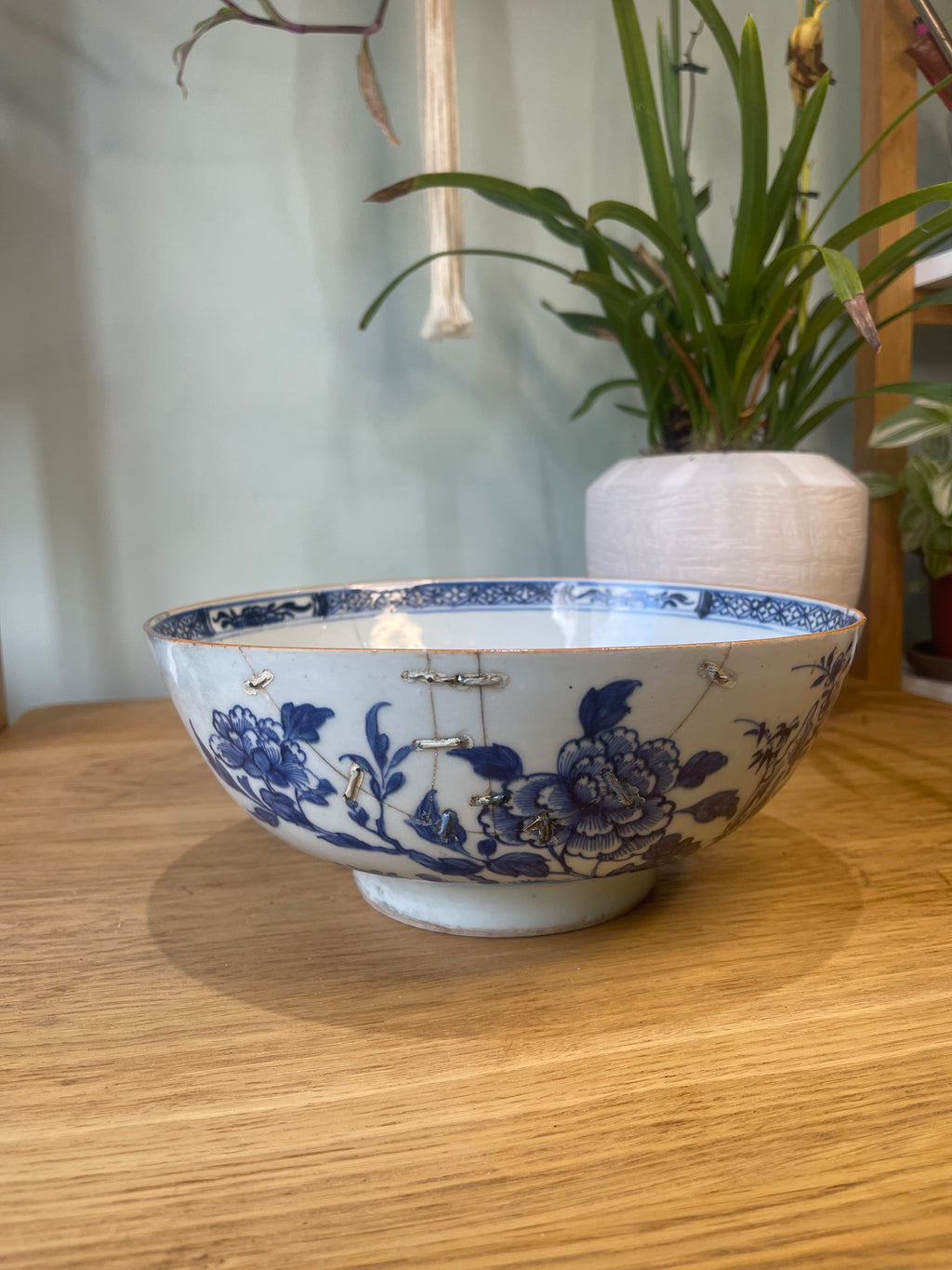 18th century staple repair Chinese porcelain punch bowl