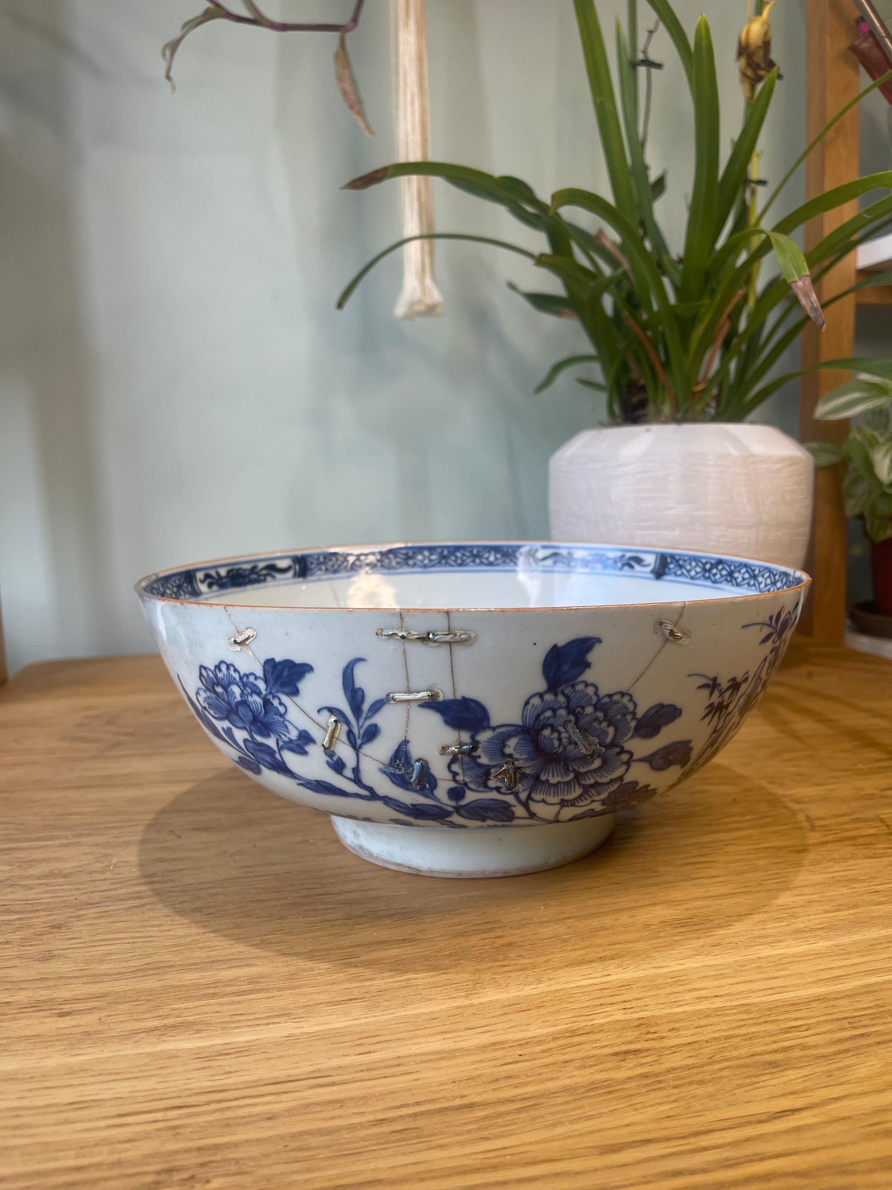 18th century staple repair Chinese porcelain punch bowl