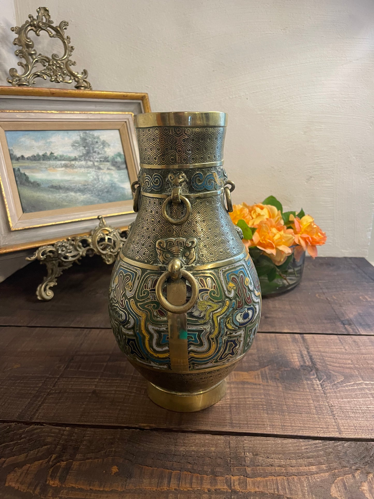 Large Chinese Champlevé Enamel Vase with Lion Mask Ring Handles
