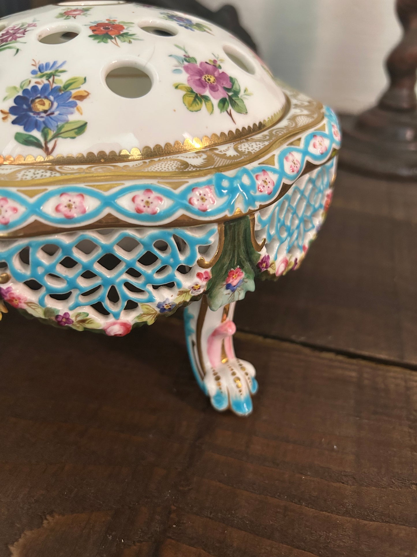 Fine Dresden Style Pierced Porcelain Pot Pourri Bowl with Floral Encrusted Decoration