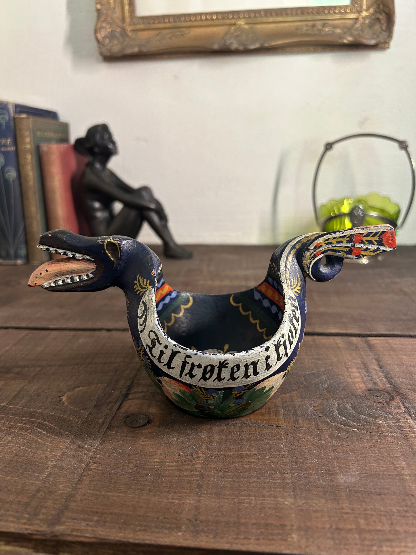Scandinavian Folk Art Carved & Painted Wooden Dragon Drinking Cup Ale Bowl