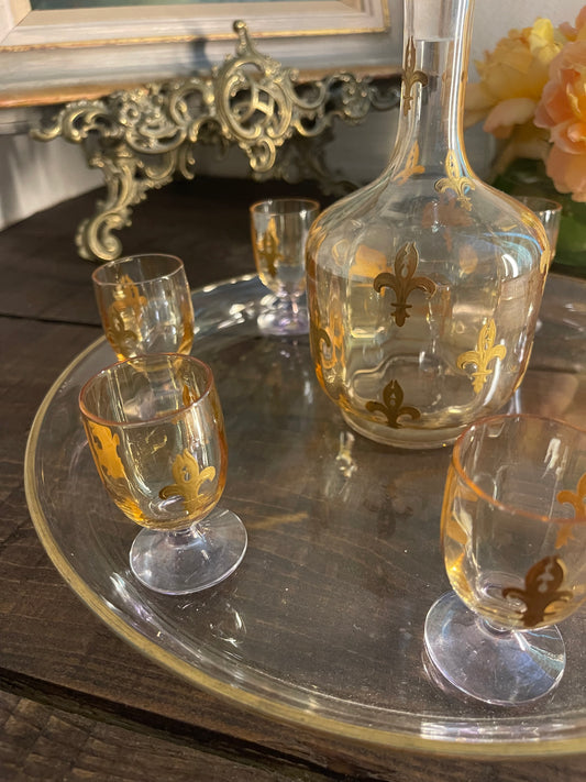 Vintage Gilt Fleur-de-Lis Glass Liqueur Set with Decanter, Seven Glasses & Tray