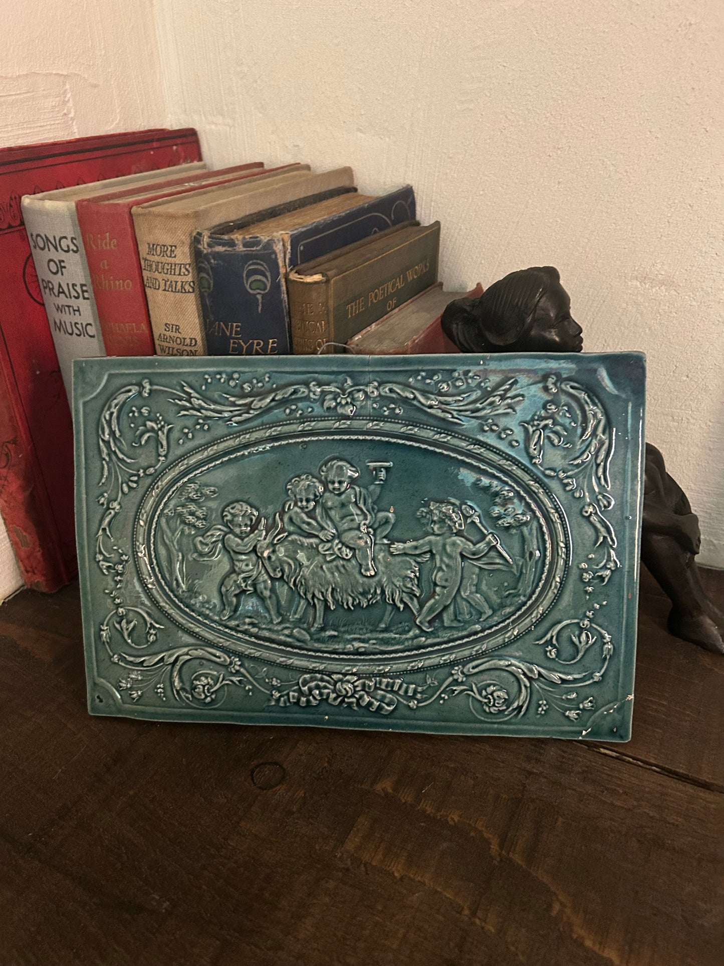 Late Victorian Green Glazed Relief Faience Plaque with Cherubs